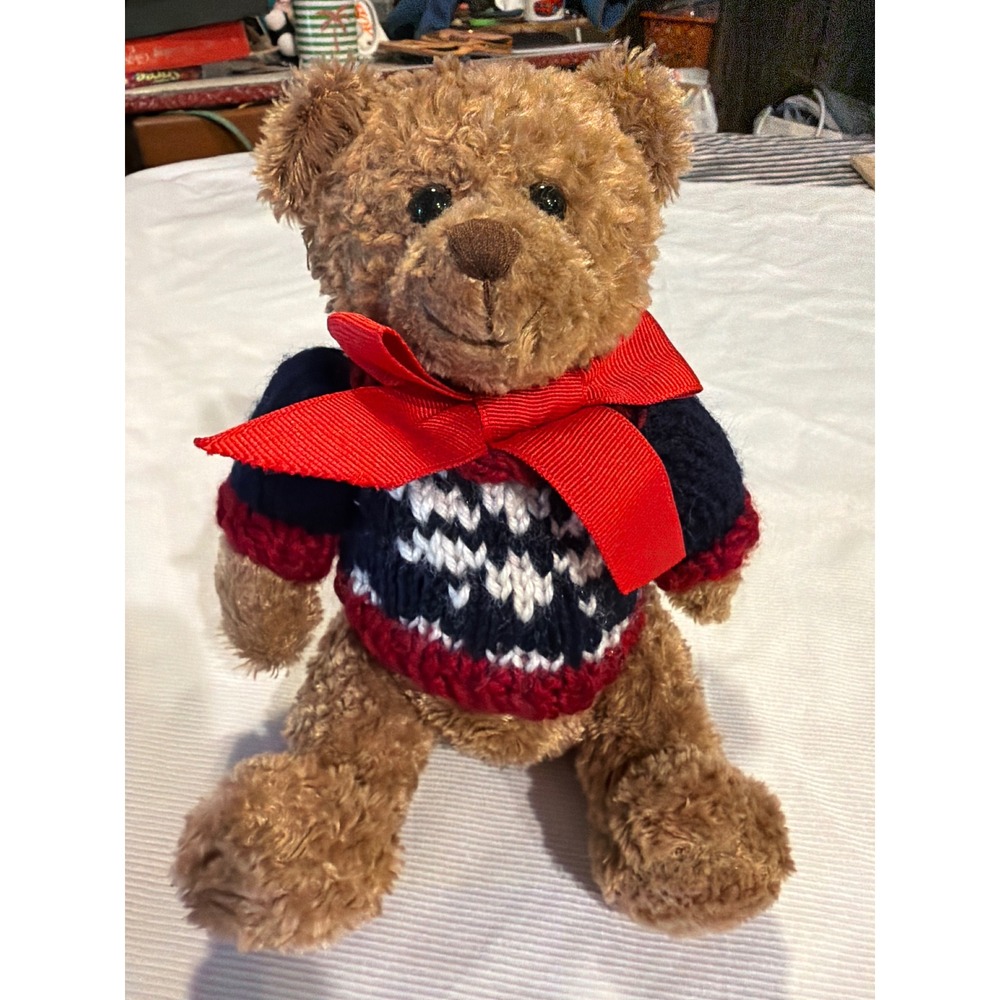 Lenox Teddy Bear Plush 8 Inch Brown Holiday Sweater Red Bow Fair Isle Christmas